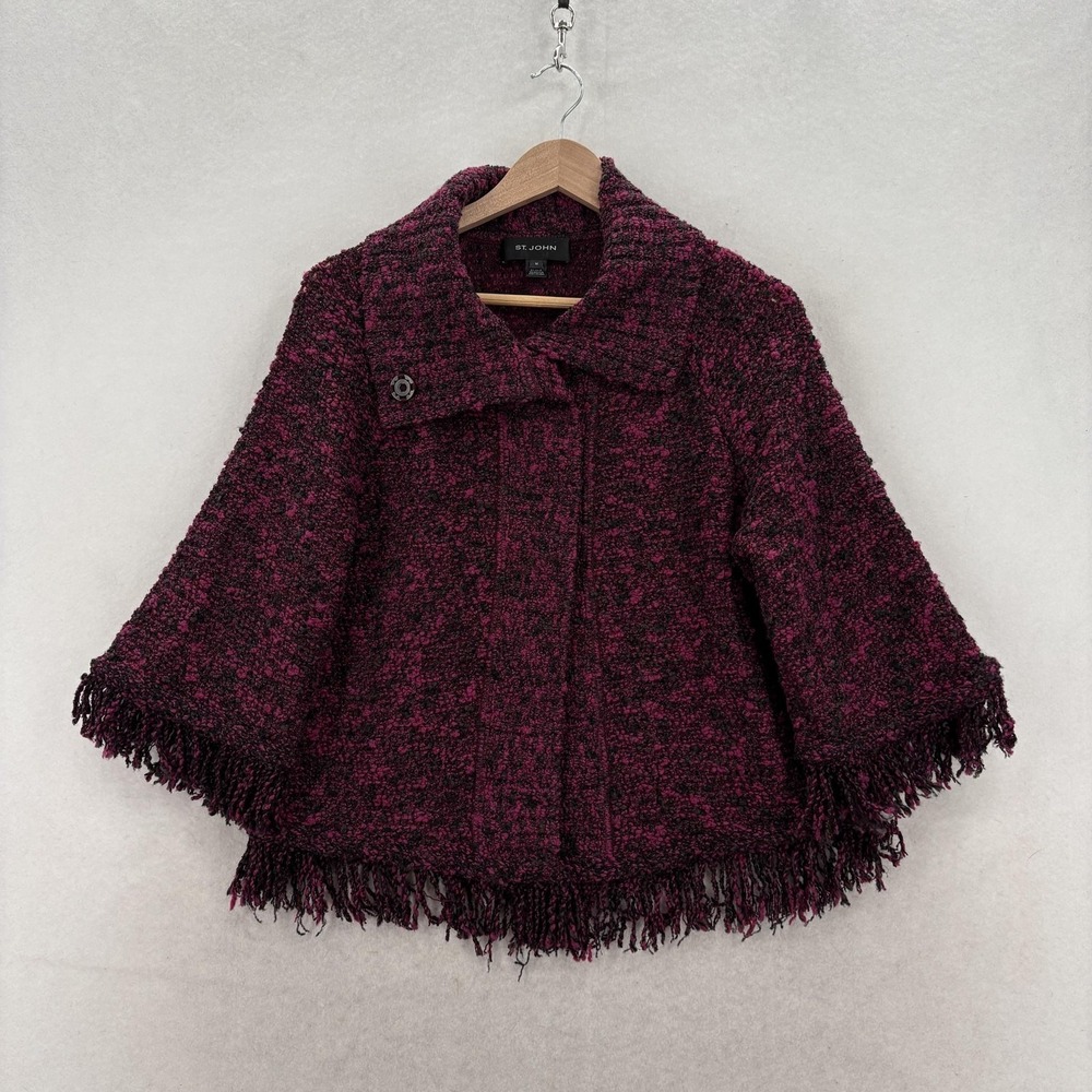 St. John Cape Jacket Womens M Pink Black Boucle Fringe Knit 3/4 Sleeve Short